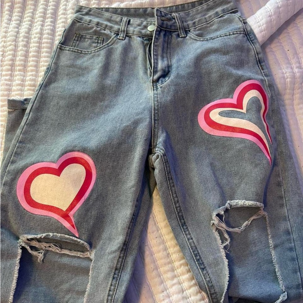 Stylish Blue Jeans with Pink Heart Accents